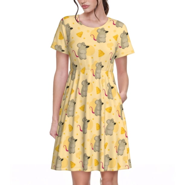 Easygdp mouse and cheese para Vestido Transpirable de Mujer, Vestido Suelto de Manga Corta con Pliegues y Bolsillos para el Verano