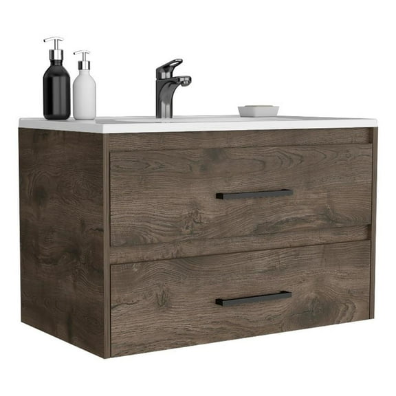 Cardova Floating Vanity Bathroom with 2 Drawers and Handles, Dark Brown / White