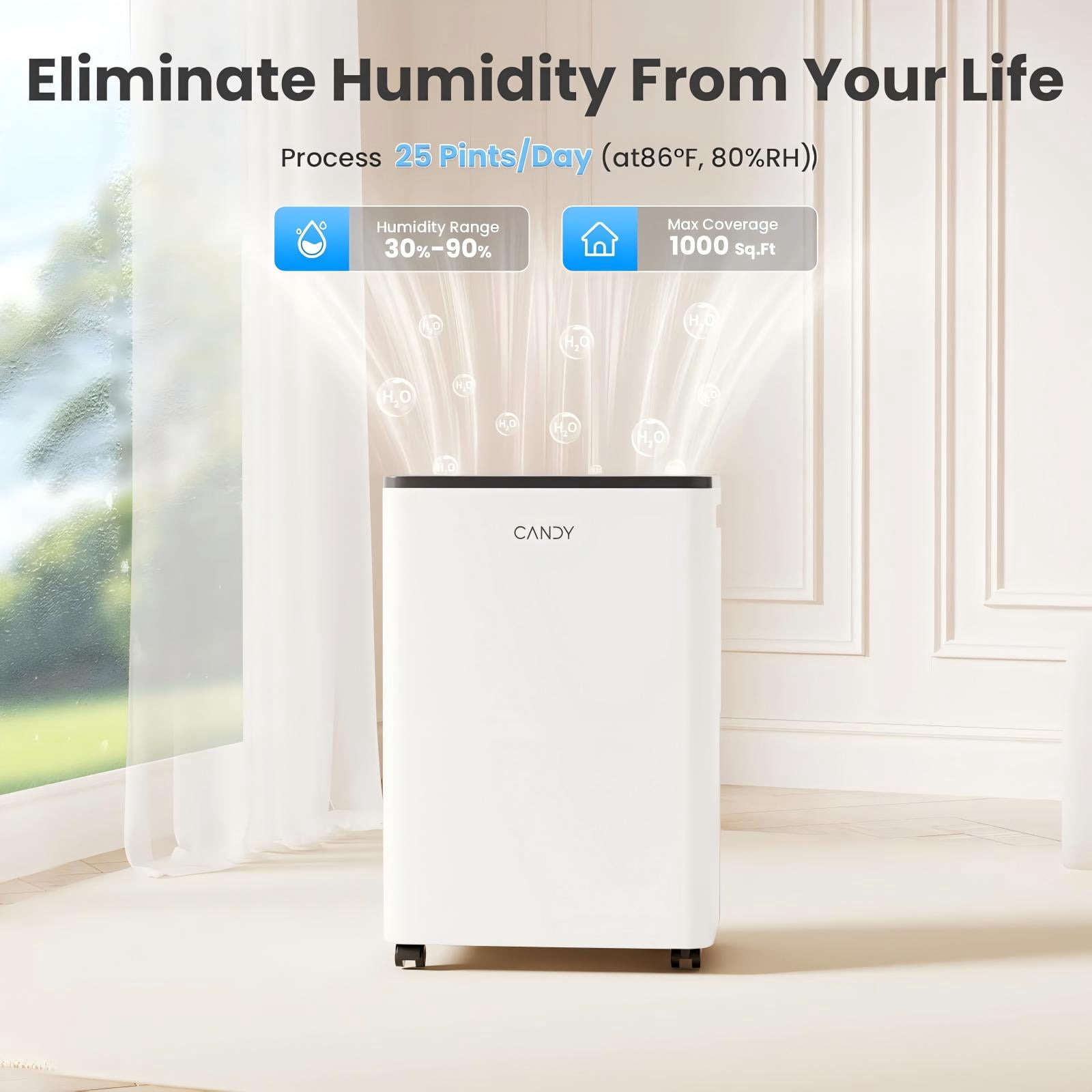 Candy® 34 Pint Dehumidifier for Home, 2000 Sq.Ft Portable Dehumidifier with Drain Hose, Auto & Continuous Mode, 0.66 Gal Tank, Smart Control for Basement Bedroom Bathroom