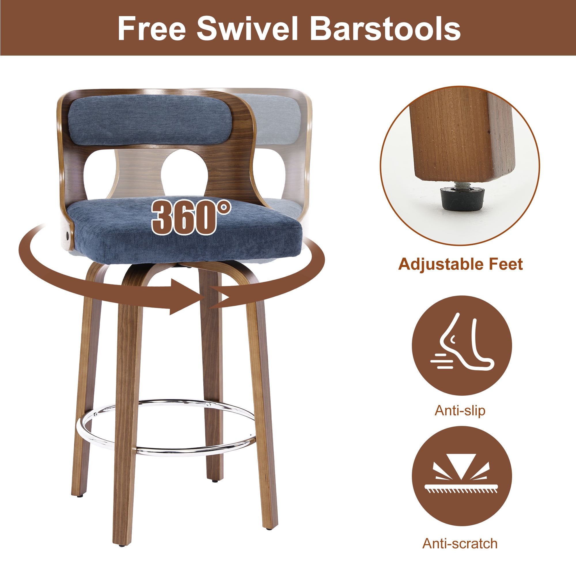 FANCROU 26 inch Swivel Counter Height Bar Stools Set Of 1, Linen Fabric Seat , Bentwood Walnut Color Back And Legs, Blue