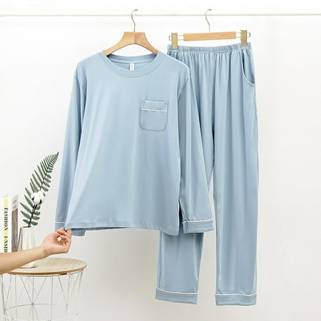 

XIAOFFENN Men Casual Solid Pullover Long Sleeves Sleepwear Pocket Tops And Pants Round Neck Suit