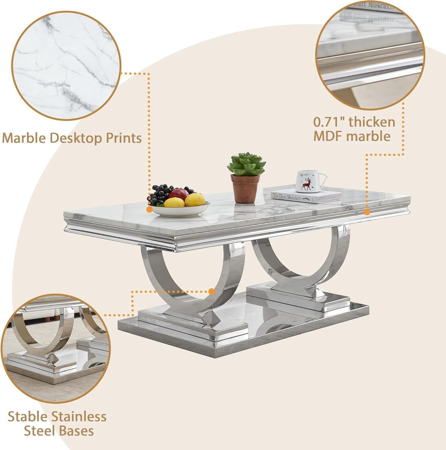 46.85" Marble Coffee Table, Rectangular Faux Marble Top with Silver Mirrored Stainless Steel Double O-Base, for Living Room, Hallway, Lounge Area