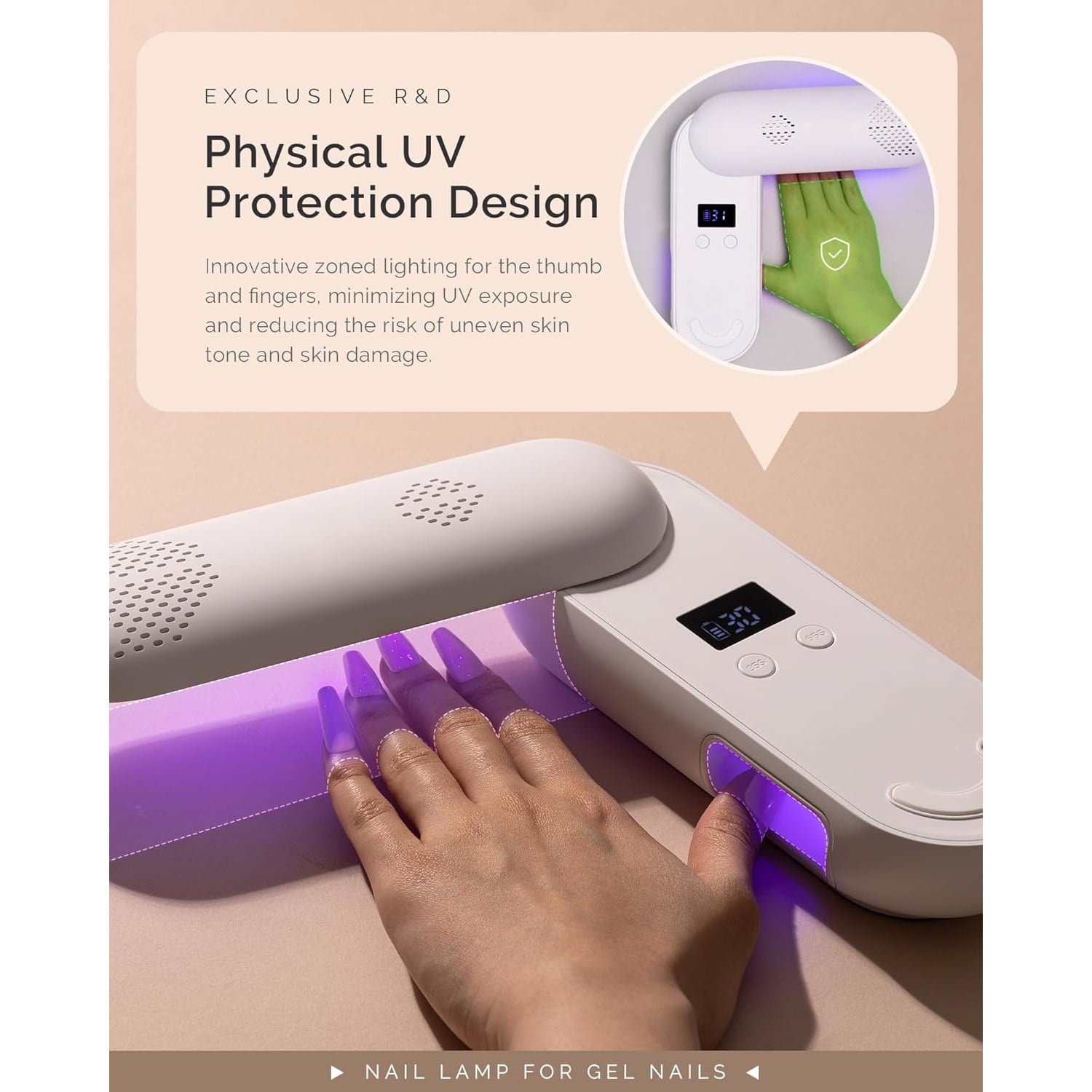 Compact Cordless UV Nail Lamp, P-PLUS20F with Innovative Rotatable Panel & UV Protection Design, Rechargeable UV Light Cures All Gels, Especially Rhinestone Glue & Liner Gel Polish Pink