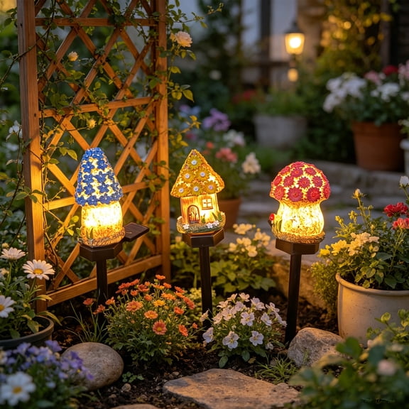 Solar Mushroom Cottage Garden Light Outdoor, Waterproof Fairy House LED Lamp, Auto On/Off Landscape Decor for Yard Patio Lawn Pathway