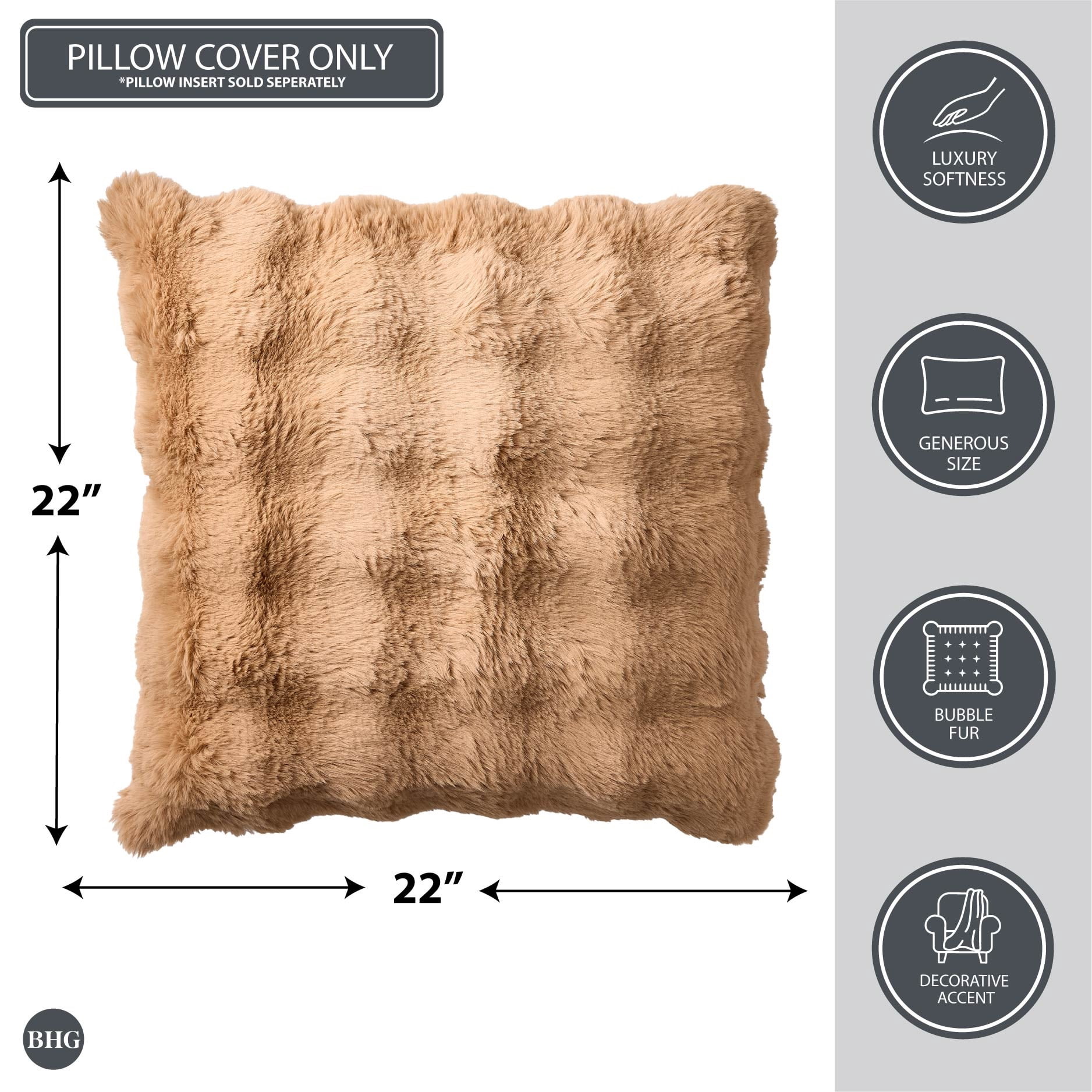 Better Homes & Gardens 22"X22" Bubble Fur Decorative Throw Pillow Cover- Dark Caramel