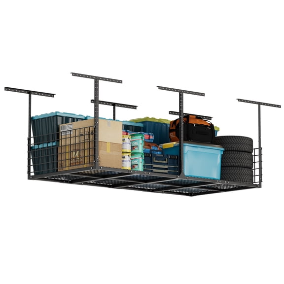 GIOTORENT 3x8FT Overhead Garage Storage Rack, Adjustable Ceiling Mounted Heavy Duty Adjustable Ceiling Shelving with Guardrails, 600lbs Total Capacity, Black