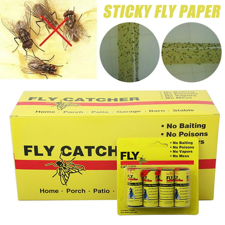 4pcs Fly Sticky Paper Strip Ribbons Roll Flies Insect Mosquitoes Killers  Strong Glue Flying Insect Bug Mosquitos Catcher 