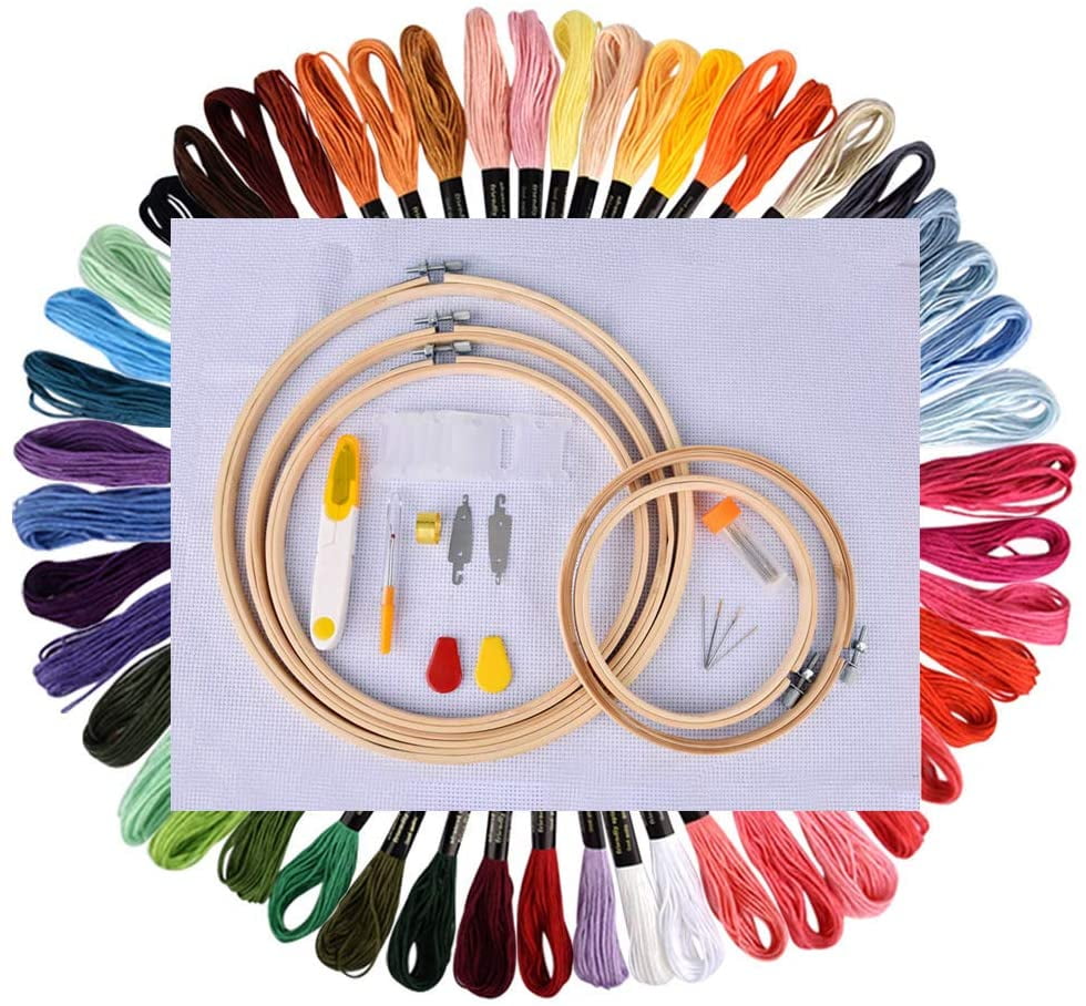 50 Color Threads Embroidery Starter Kit Wartoon Full Range of Cross Stitch Tool Kit Including 8 Inch Bamboo Embroidery Hoop 12 by 18-Inch 14 Count Classic Reserve Aida and Tool Kit
