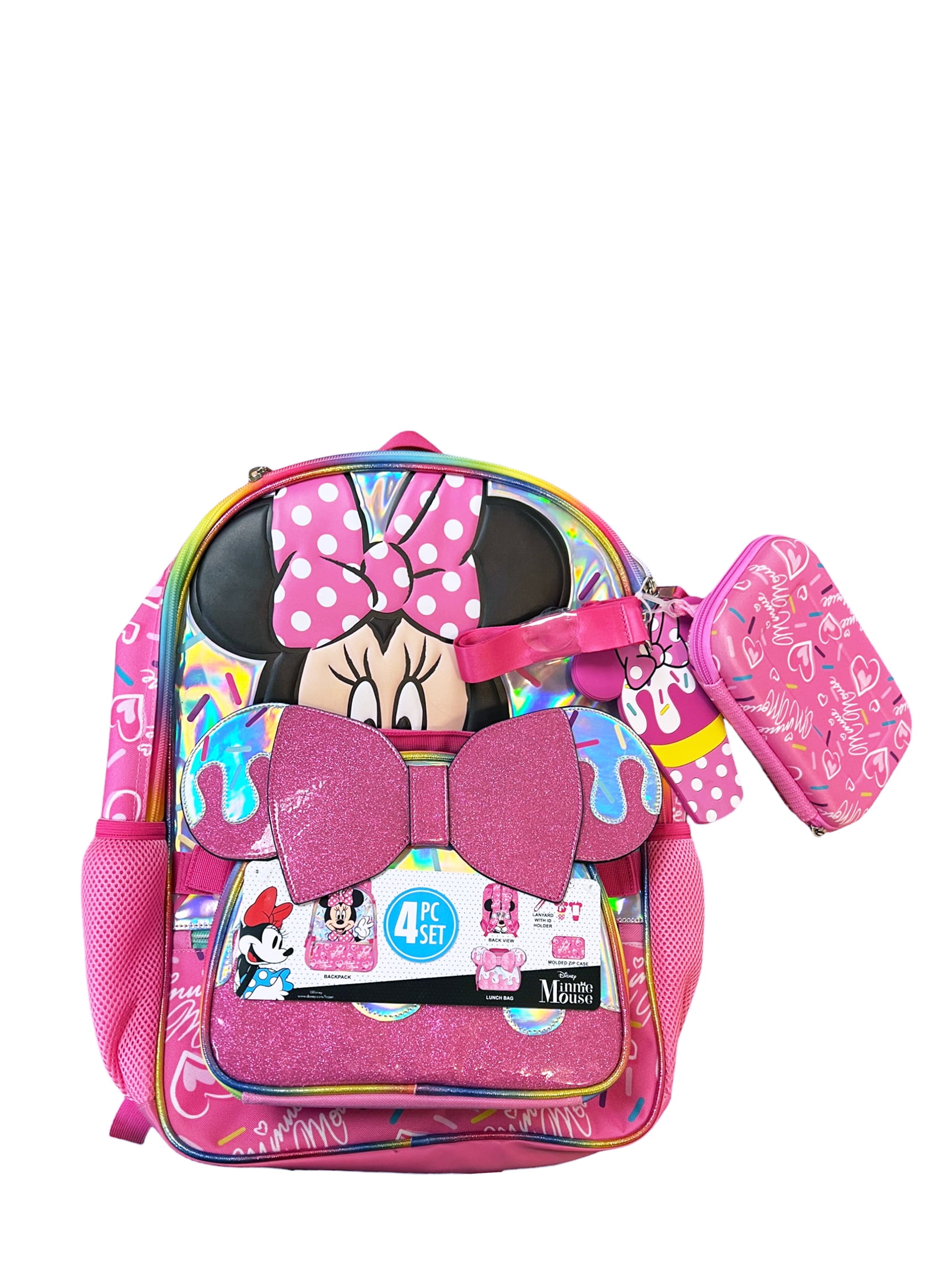 Disney Minnie Mouse Girl's 4-Piece Backpack with Lunch Bag Set, Pink
