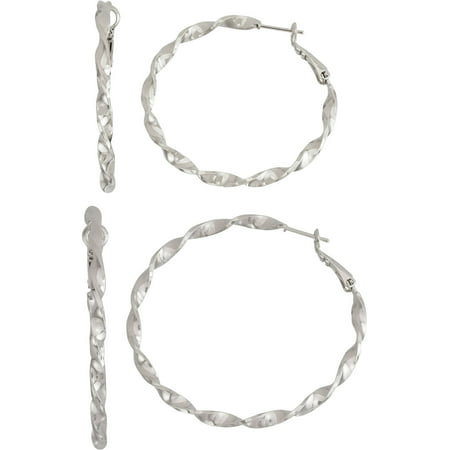 X & O Silver-Tone Twisted Hoop Earring Set, Sizes 40mm/50mm, 2 Pairs