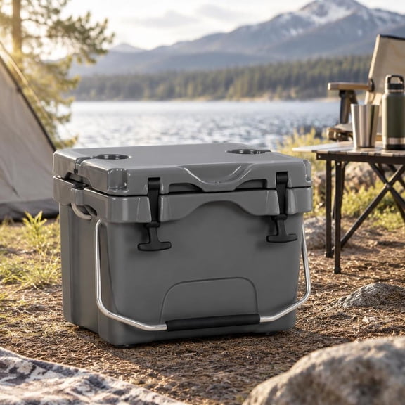Portable Insulated Ice Cooler, 16 Quart, 24-Can Capacity, Gray, with 2 Cup Holders