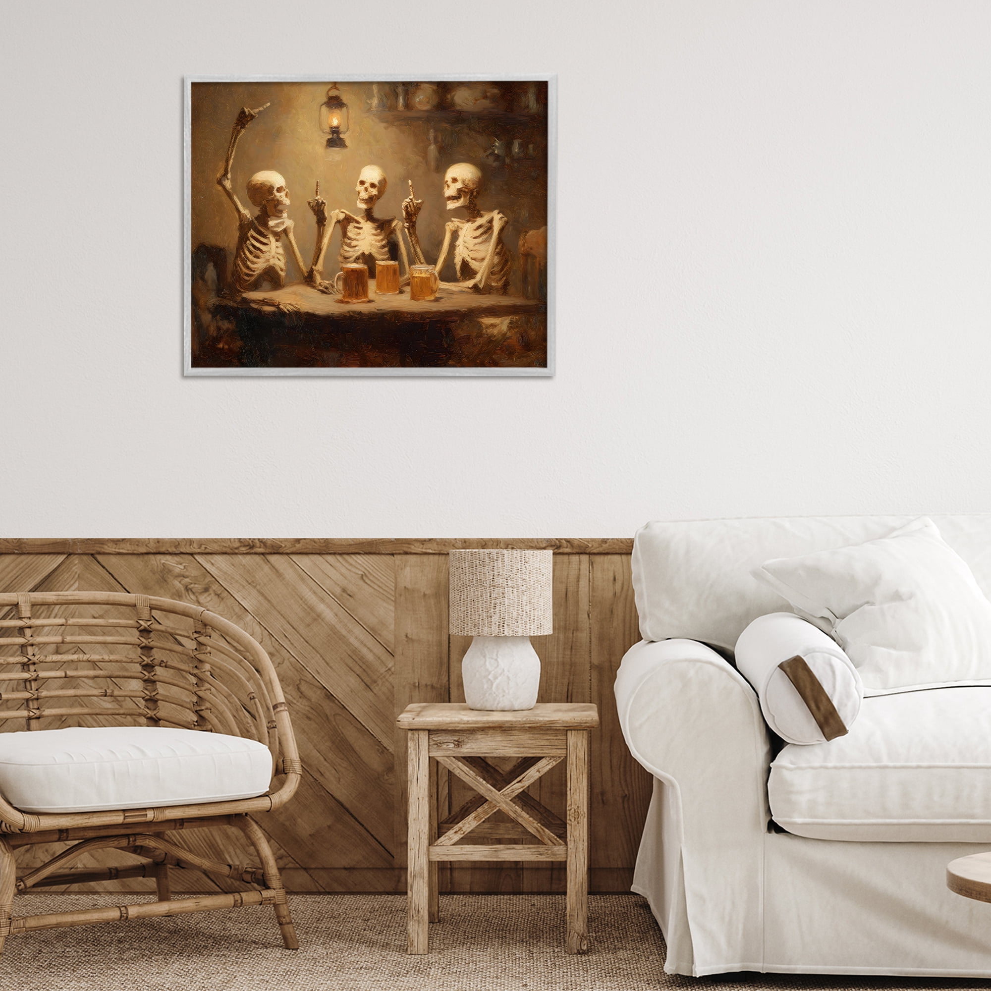 Skeletons Drinking at Tavern Gray Framed Giclee Art, design by Arlington Prints