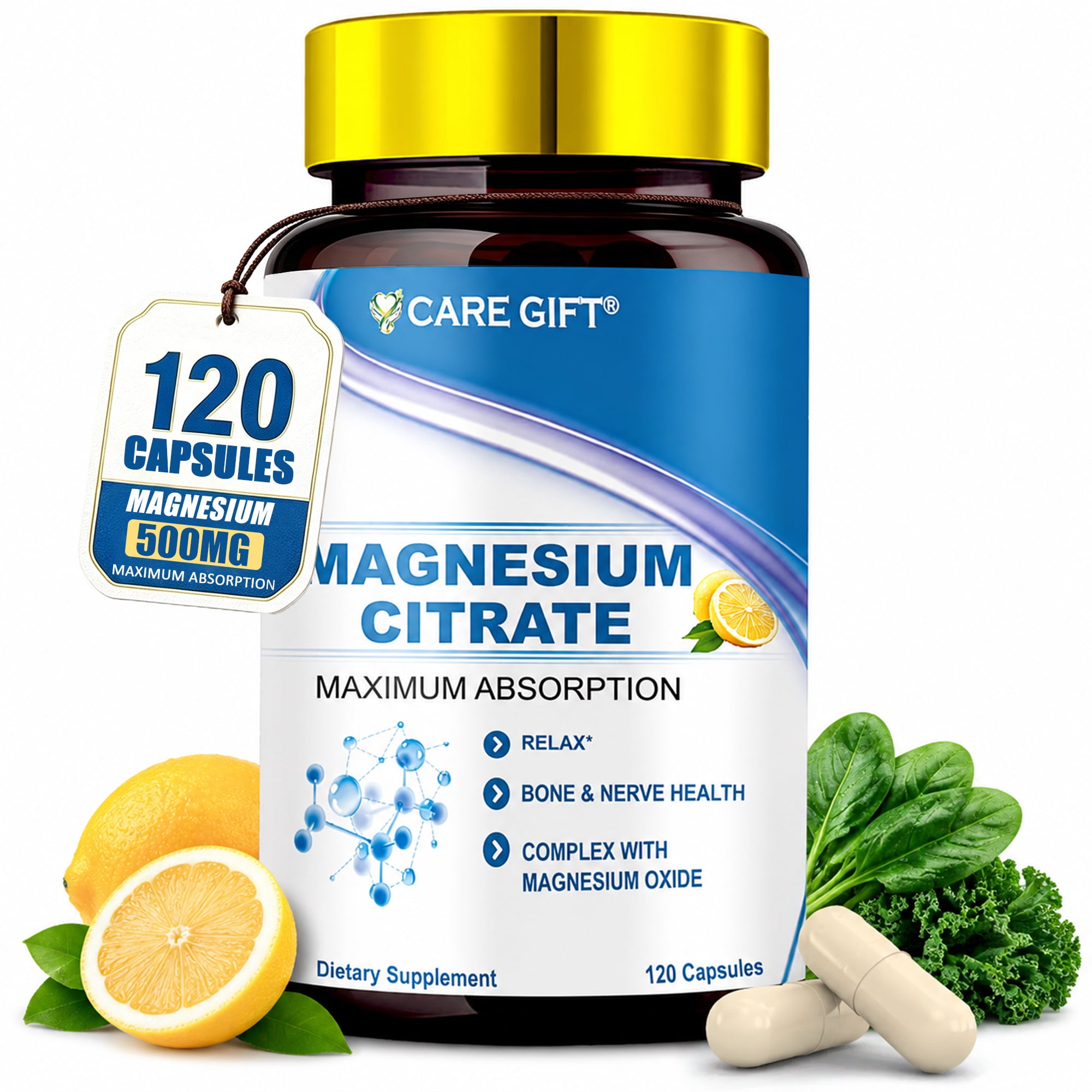 Magnesium Citrate 500 MG for Constipation Digestion Support | High Absorption Magnesium Supplement | Calm Relaxation Sleep Support | Muscle Recovery | Non-GMO Soy-Free | 120 Mag Citrate Capsules