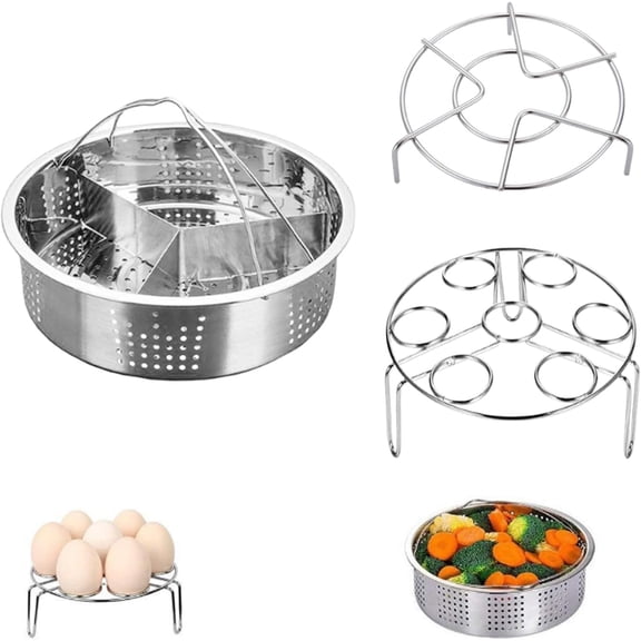 3Pcs Stainless Steel Steamer Basket Rack Set, Trio Separator for Pressure Cooker with Egg Divider, Durable Collapsible Trivet Kitchen Accessories for Pans(Q)