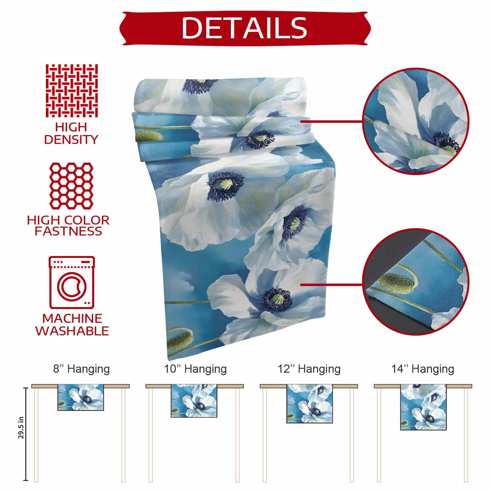 White Blue Floral 90 Inch Table Runner, Vintage Painting Art Country Spring Farmhouse Dresser Scarf Cotton & Linen Tablerunner for Dining/Kitchen Island/Holiday Party Décor 13" x 90"