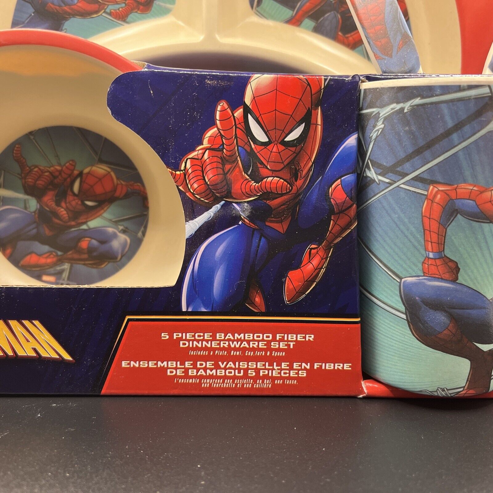 Marvel Spiderman Bamboo 5 Piece Dinnerware Set Plate Bowl Cup Fork Spoon