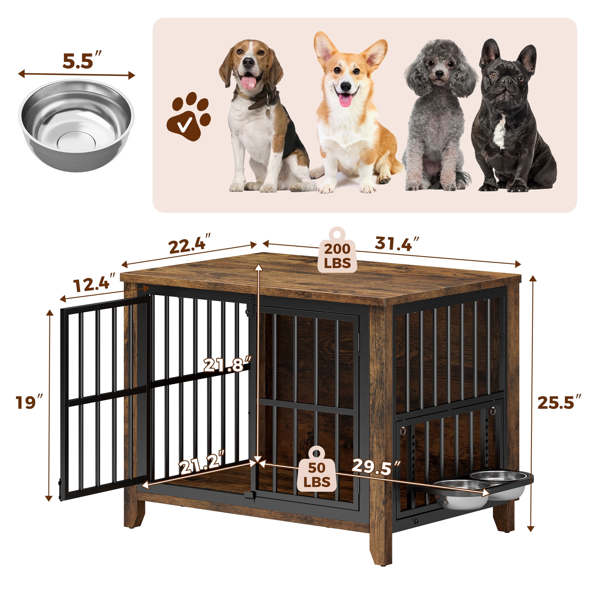 GIKPAL Dog Crate Furniture with 2 Adjustable Dog Bowls, Dog Kennel Indoor with Lockable Doors, 32" Pet Carrier House for Medium, Brown