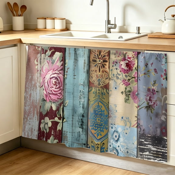Vintage Flower Cabinet Curtains for Shelves, Retro Botanical Floral Wooden Privacy Curtain for Closet Self Adhesive, Dust-Proof Drapes for Closet Storage Room Classroom Doorway, 32"W x 55"L
