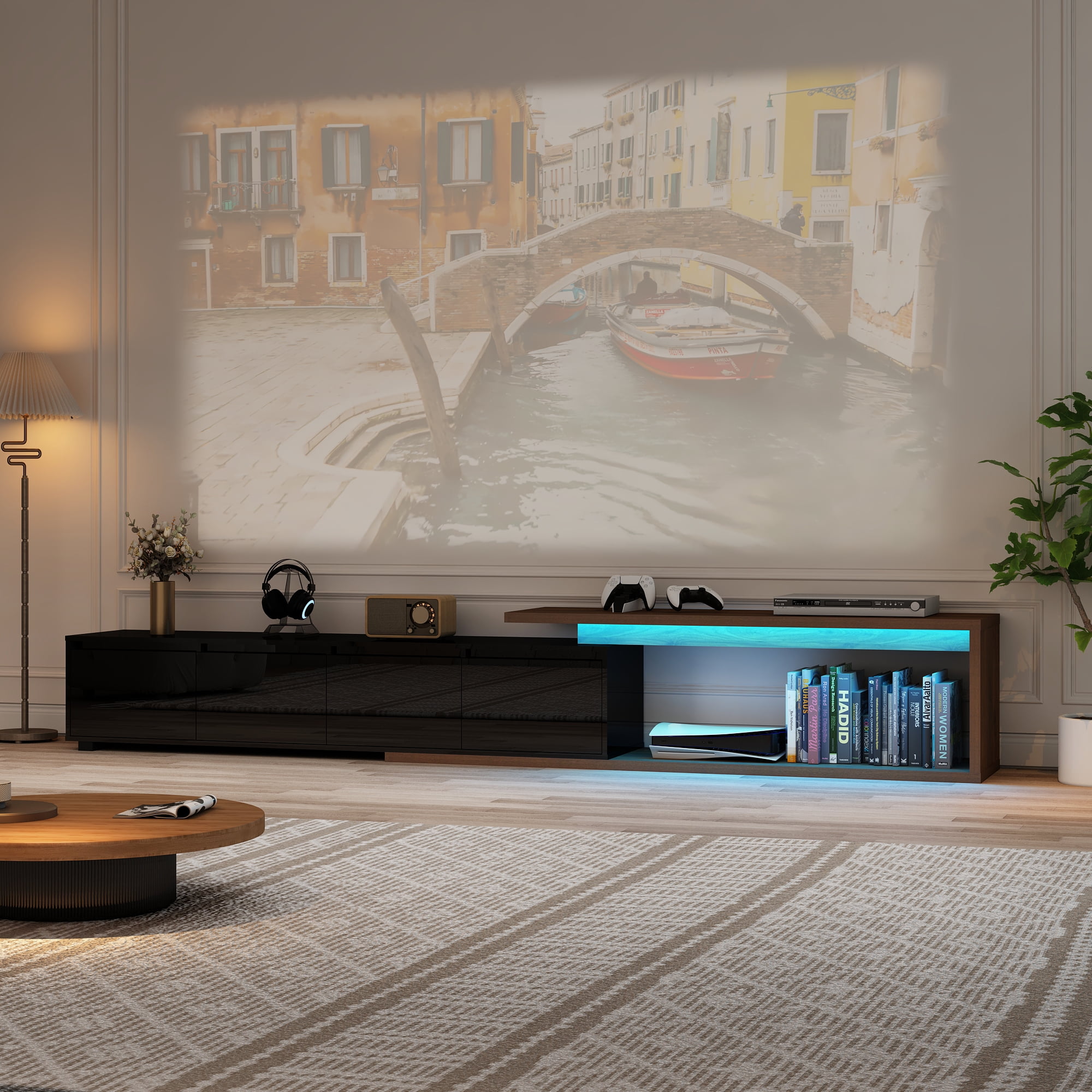 ANPOO Extendable TV Stand Cabinet with Drawers & LED Light, High Gloss Modern Minimalist Entertainment Center for Up to 120" TV, Reversible Extra Long TV Media Console, Black & Walnut