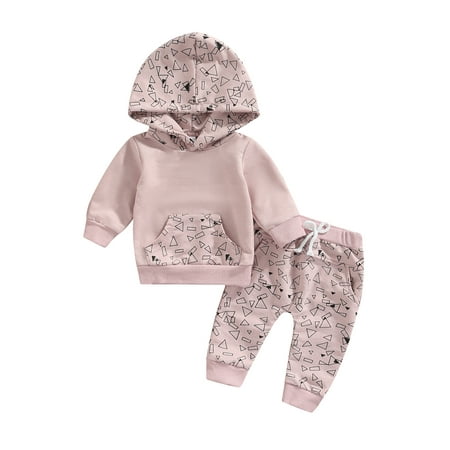 

Frobukio Toddler Baby Boys Girls Pants Outfits Geometry Printed Long Sleeve Hooded Tops + Elastic Waist Trousers with Pockets Pink 18-24 Months