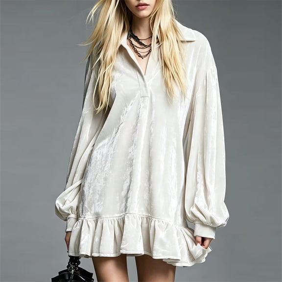 Morttic Women's Elegant Solid Color Short Dress – Collared Long Puff Sleeve Loose Ruffle Hem Spring Fall Going Out Dress White,S