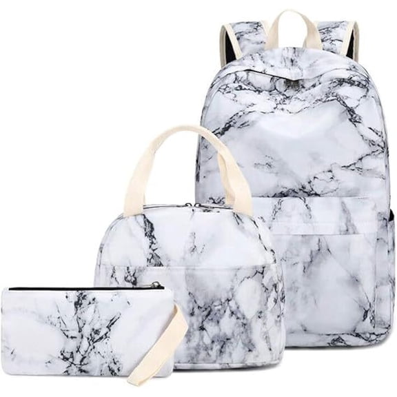 SOFTGAS Backpack for Lightweight High-Capacity Bookbag Women Backpack With Lunch Bag Pencil Bags Bookbags 3pcs(Marble White)