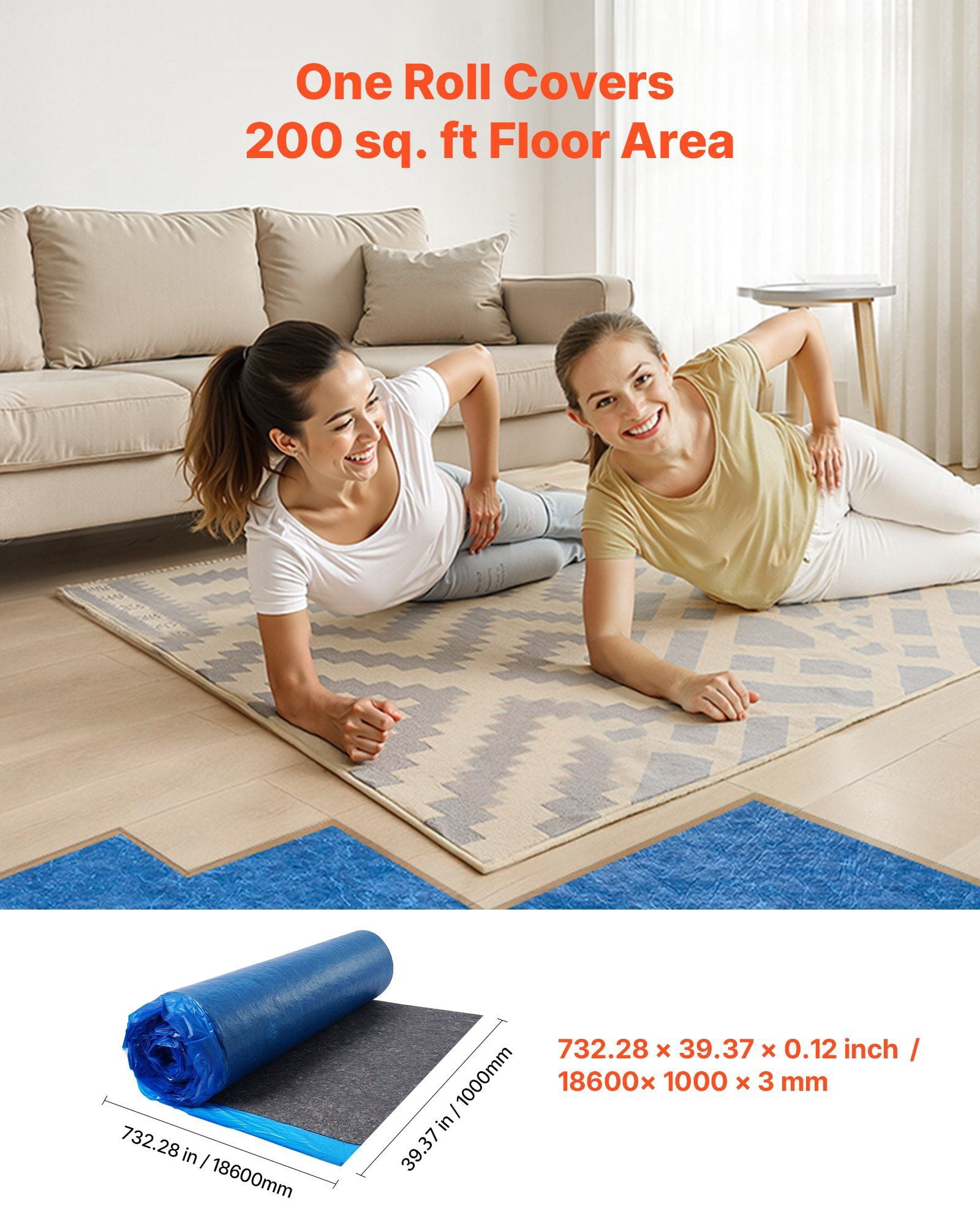 Heavy Duty 3mm Thick Laminate Flooring Underlayment 200 sq ft Roll with Attached Vapor Barrier Soundproof Noise Reduction for Vinyl Wood Flooring