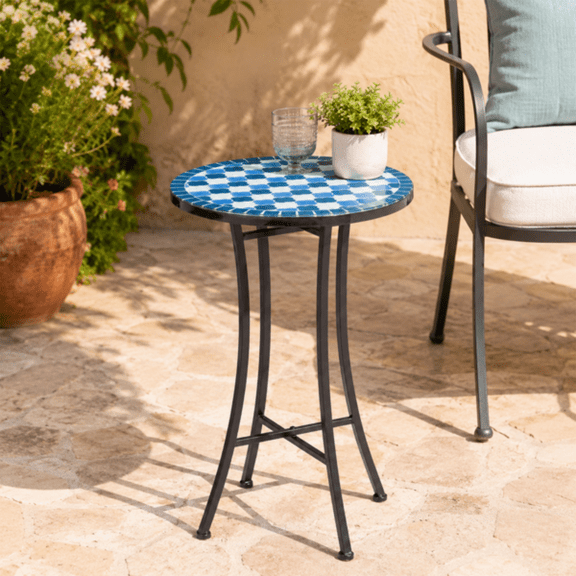 14 inch Side Table, Round Iron Top End Table, Indoor Outdoor Accent Table, Blue & White Checkered Mosaic