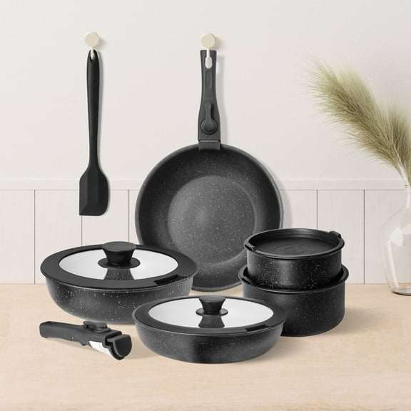 JOINSUN 12 Pcs Pots and Pans Set Nonstick - Stackable Cookware Sets with Detachable Handle, Black