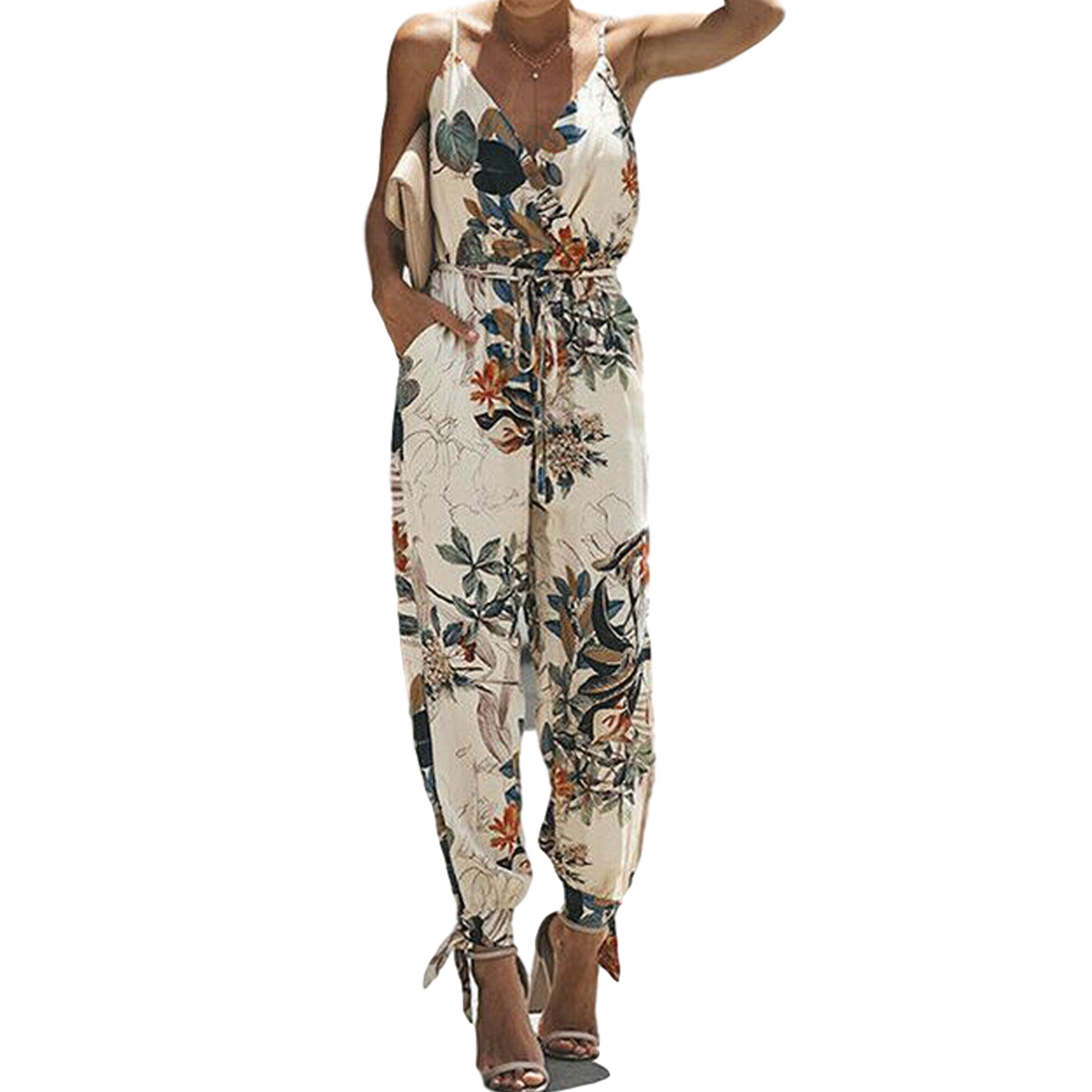 WSEVYPO Women Floral Baggy Trousers Overalls Pants Solid Romper ...