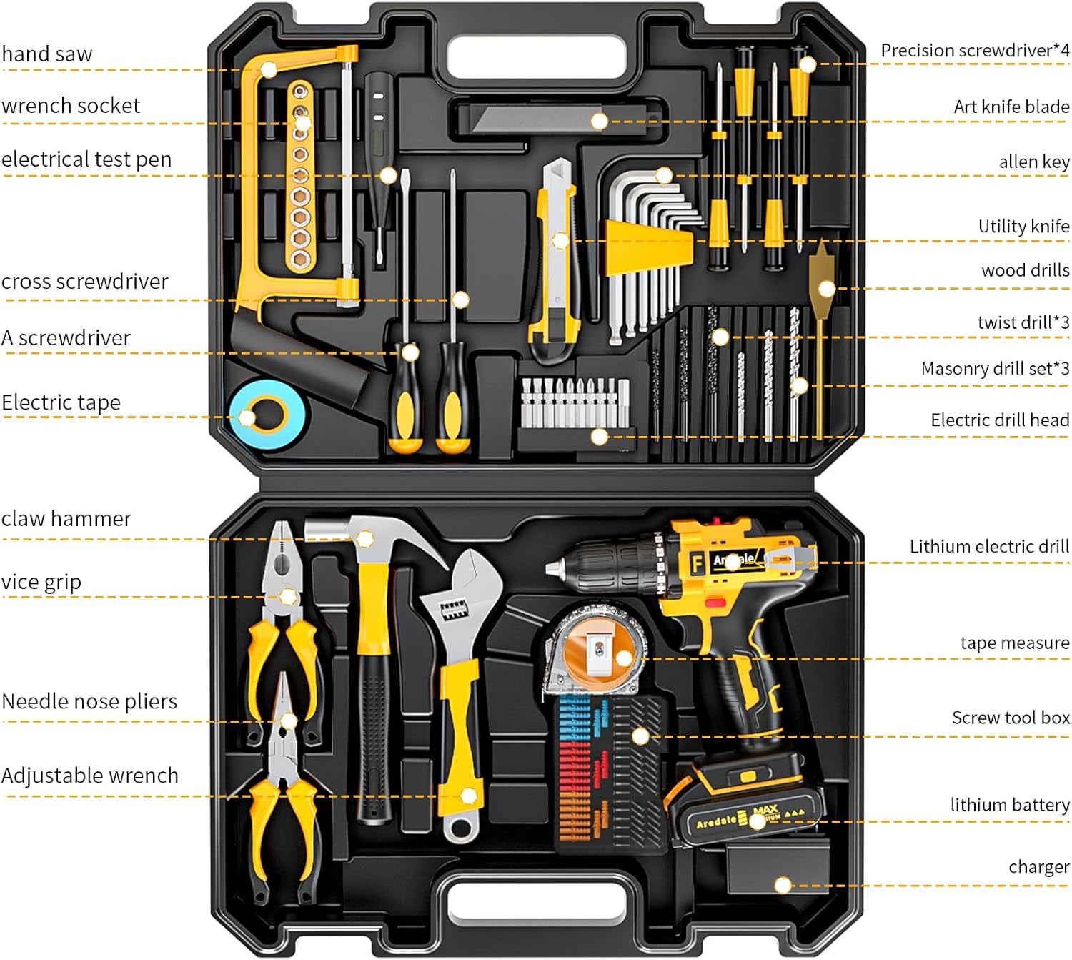 117-Piece Tool Kit with 20V Cordless Drill Mechanic Tool Set for Home & Auto Repair Toolbox Storage  Perfect for Men, DIYers, Handymen