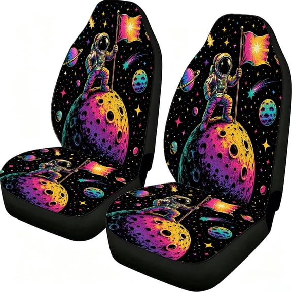 Odenmar Colorful Astronaut Space Car Seat Covers, 2-Piece Front Protectors, Made from Lightweight Mesh Fabric, Universal Fit for Trucks Vans Suvs