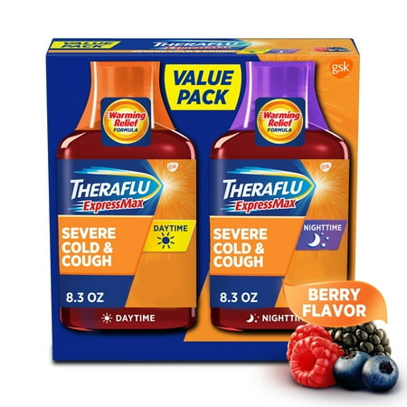 Theraflu Expressmax Severe Cough Cold and Flu Day and Nighttime Relief Medicine Syrup, Berry, 8.3 Oz