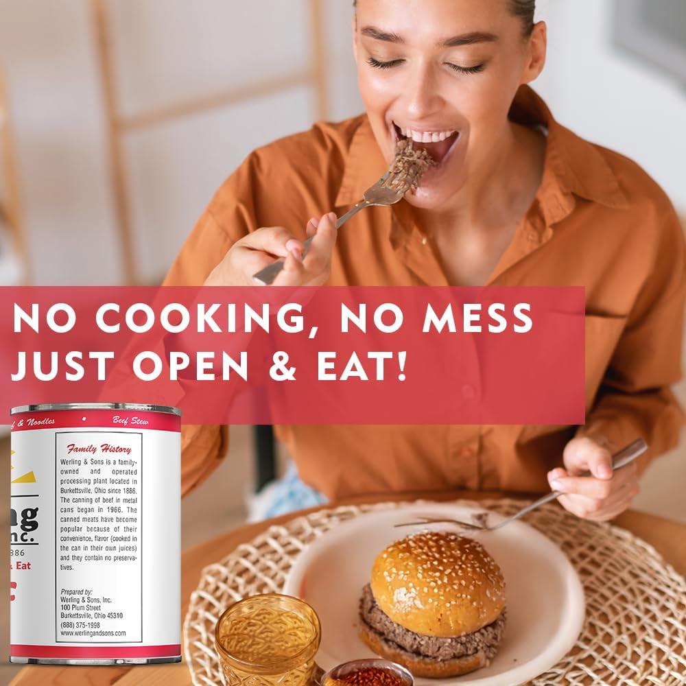 (Pack of 12) Werling and Sons Canned Beef 14.5 Oz Fully Cooked Heat & Eat Shelf Stable Canned Meat for Long Term Storage Recipe Ready Canned Food Camping Hiking Emergency Preparedness Quality Meat