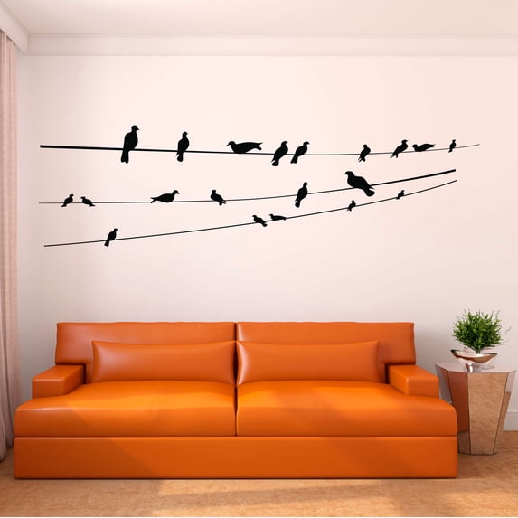 Babies Beautiful Animals Wall Decal Decoration Seamless flock of Birds Sitting on a Wire Decal Lasts Years and Easily Removable - Size: 30 In(W) x 9 In(H)