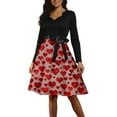 thumbnail image 2 of Valentine Dress for Women 1950S Retro Long Sleeve V-Neck Cocktail Dresses with Belt Love Heart Printing A-Line Dress Vermilion L, 2 of 6
