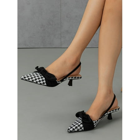 

Houndstooth Pattern Bow Decor Point Toe Heeled Slingback Pumps Women‘s Footwear