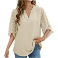thumbnail image 1 of Casual Summer Tops for Women V Neck Lace Splicing Button Half Sleeve Chiffon Shirts Loose Fit Soft Flowy Blouse Tee, 1 of 6