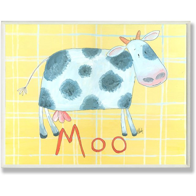 The Kids Room by Stupell Moo Cow on Yellow Plaid Backgrouund Rectangle Wall Plaque