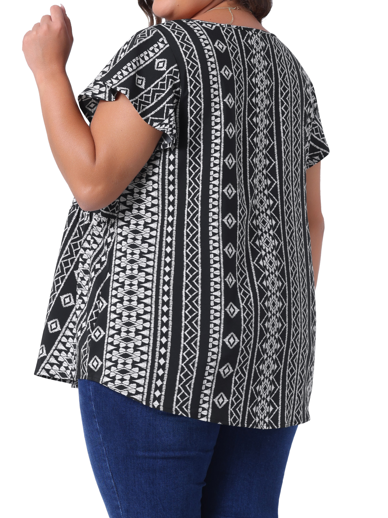 Women's Plus Top Boho Floral Printed Round Neck Ruffle Sleeve Blouses Shirts 2X Black
