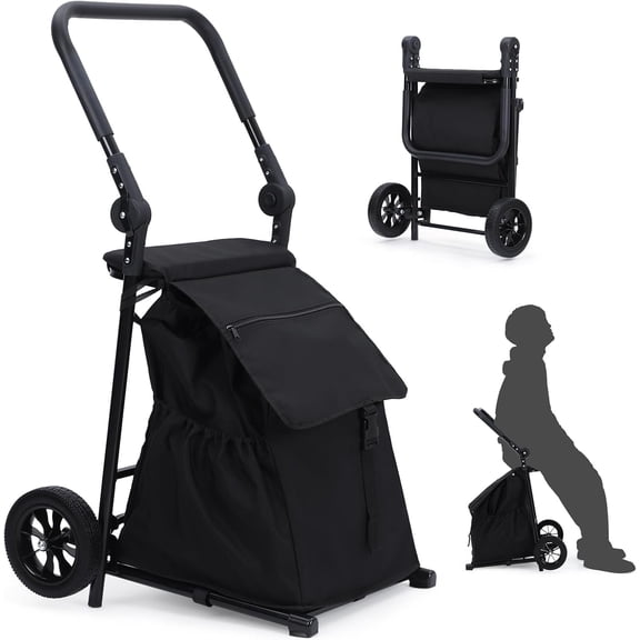 2 in 1 Grocery Cart on Wheels for Stairs, 33 Gallon Rolling Foldable Utility Cart with Comfortable Seat, Waterproof Removable Bag for Groceries Apartment Laundry