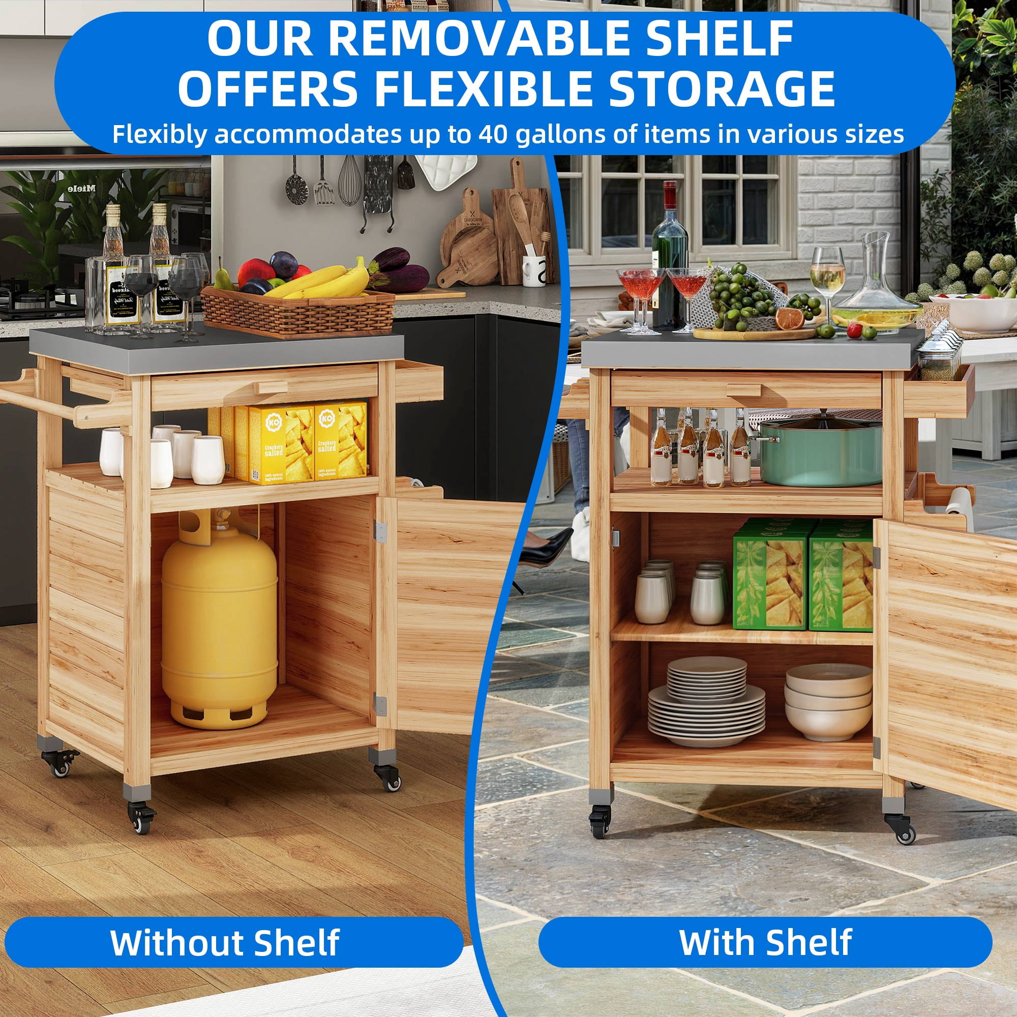 Uforic Wood Kitchen Storage Cart with Stainless Steel Top, Grill Cart for Outdoor & Indoor, Natural