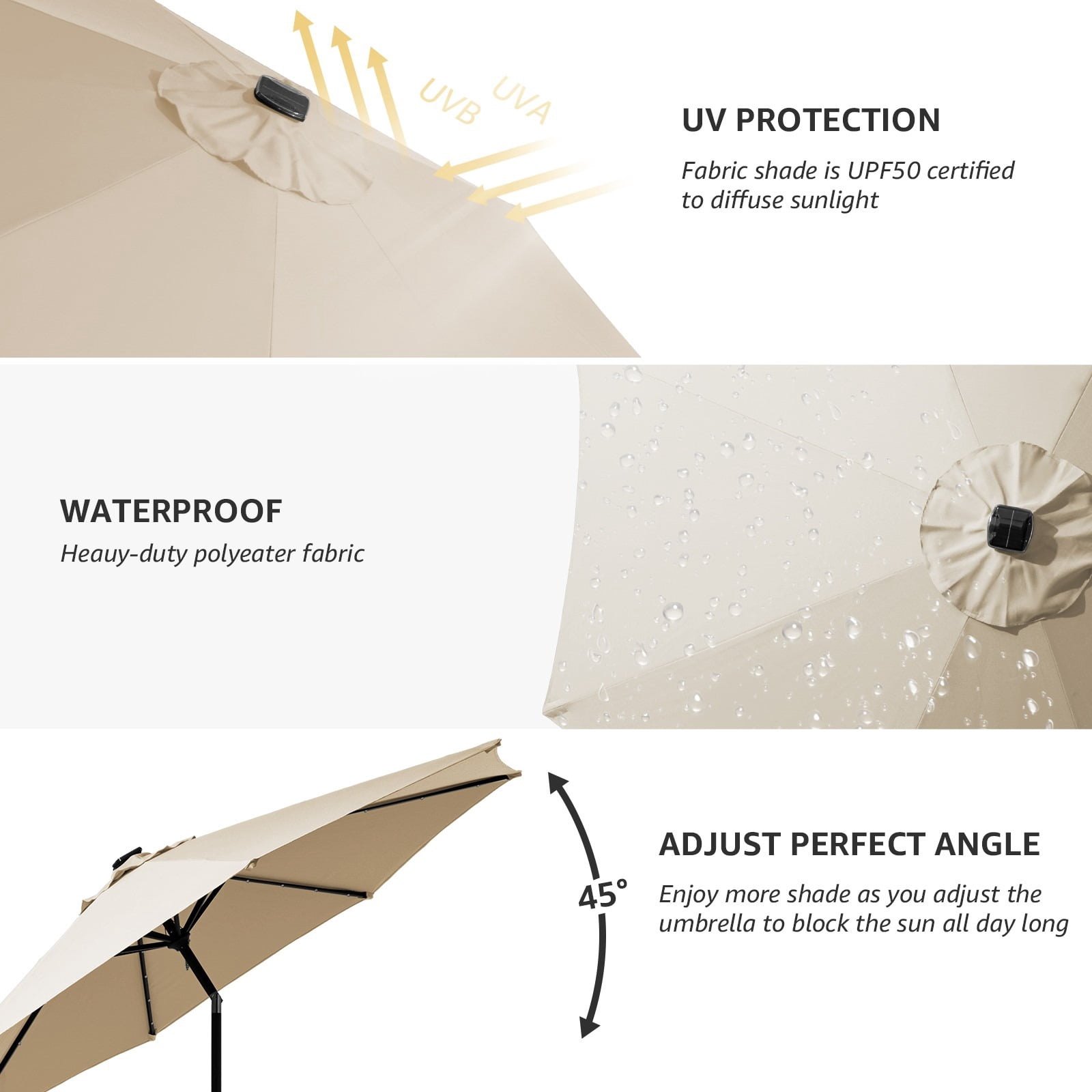 JUSTLET 9' Outdoor Patio Market Solar Umbrella w/ LED Lights, Beige