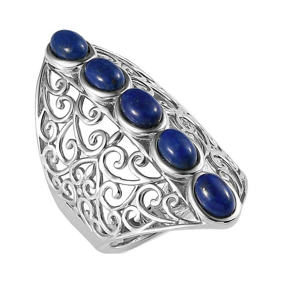 Platinum Plated 5 Stone Lapis Lazuli Ring for Women Openwork Statement Jewelry Birthday Christmas Gifts for Women Size 5