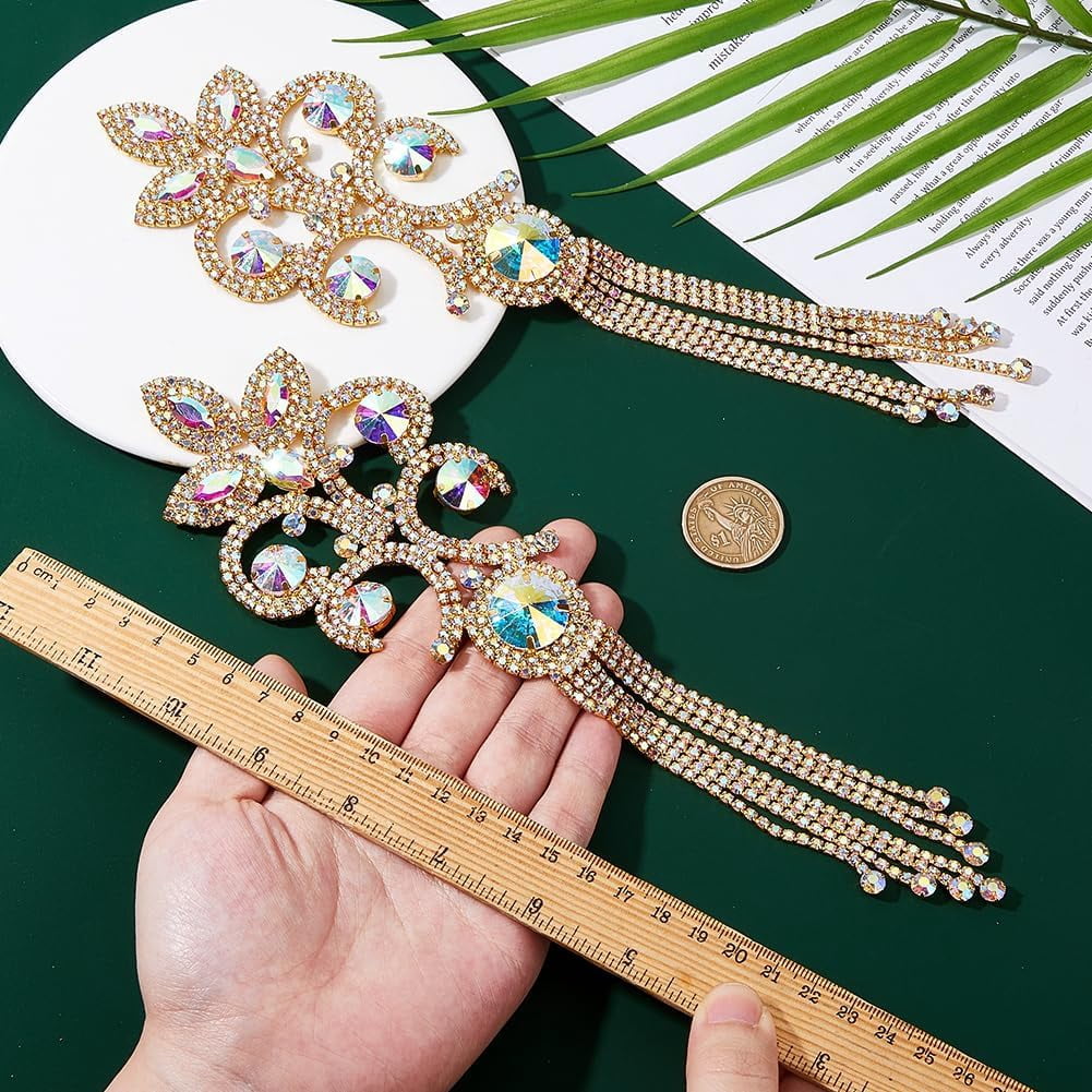 2PCS Rhinestone Applique Patches Tassel Rhinestone Patches Gold Tassel Epaulettes Glitter Shoulder Appliques Sew on Patch Costume Accessories for Dress Wedding Clothes Decoration