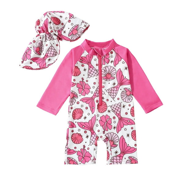 Hienoo Newborn Girls Rash Guard Swimwear Bathing Suit Long Sleeve One-Piece Swimsuit & Hat, Sizes 6-12M