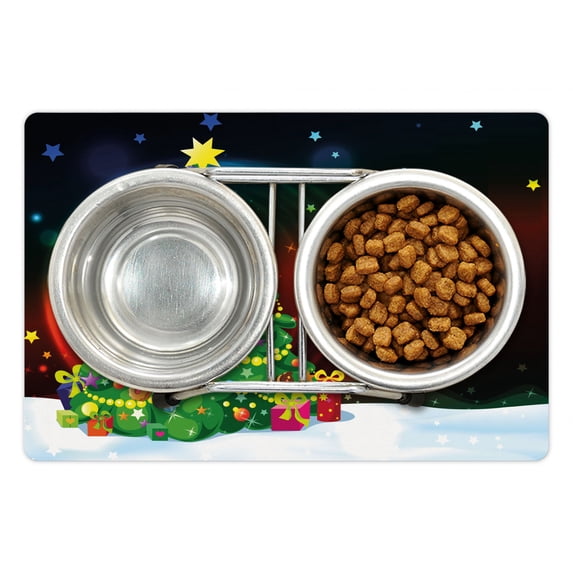 Christmas Pet Mat for Food and Water, Colorful Funny Designed Xmas Tree Abstract Backdrop with Stars Presents Cartoon, Non-Slip Rubber Mat for Dogs and Cats, 18" X 12", by Ambesonne
