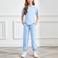 thumbnail image 2 of Ruiwill Outfit Set For Girls Size 7-8 Years Summer Short Sleeve Crew Neck Solid Color Tops With Pants Set Casual Cute Dailywear Girls Outfit Set Light Blue, 2 of 6