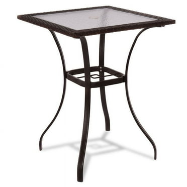 Resenkos 28"Outdoor Patio Square Glass Top Table, Square Tempered Glass Metal Table with Rattan Edging