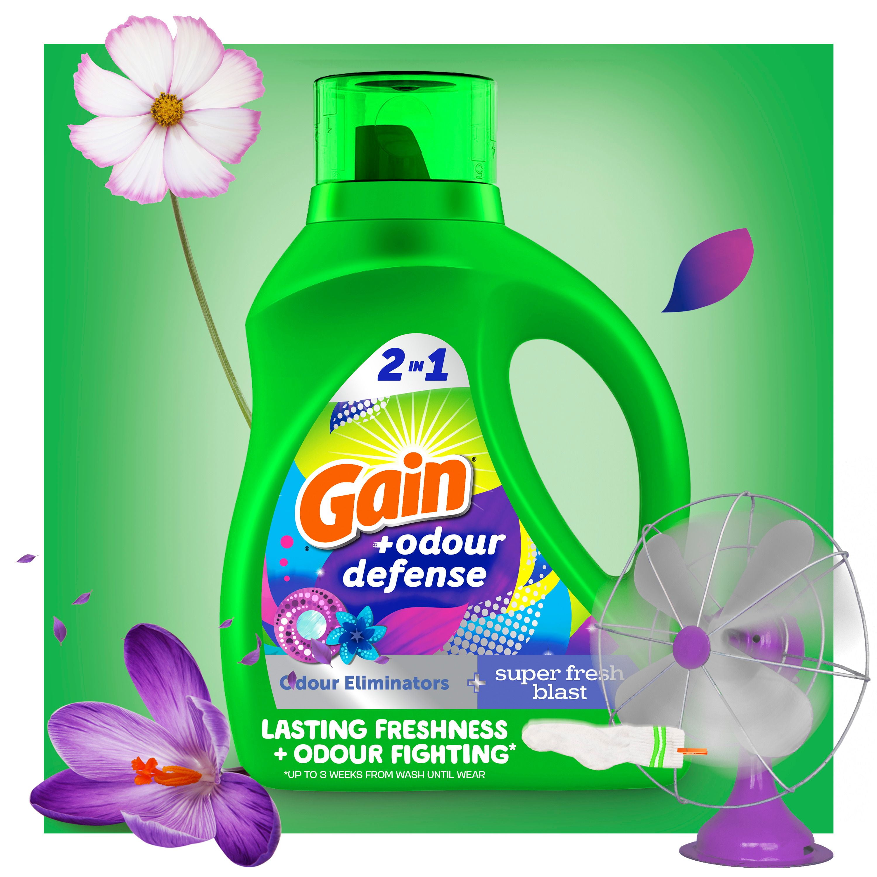 Gain Odour Defense Liquid Laundry Detergent, Super Fresh Blast Scent, 4.2 L, 100 loads, 2 in 1, Laundry Detergent Liquid Soap, HE compatible